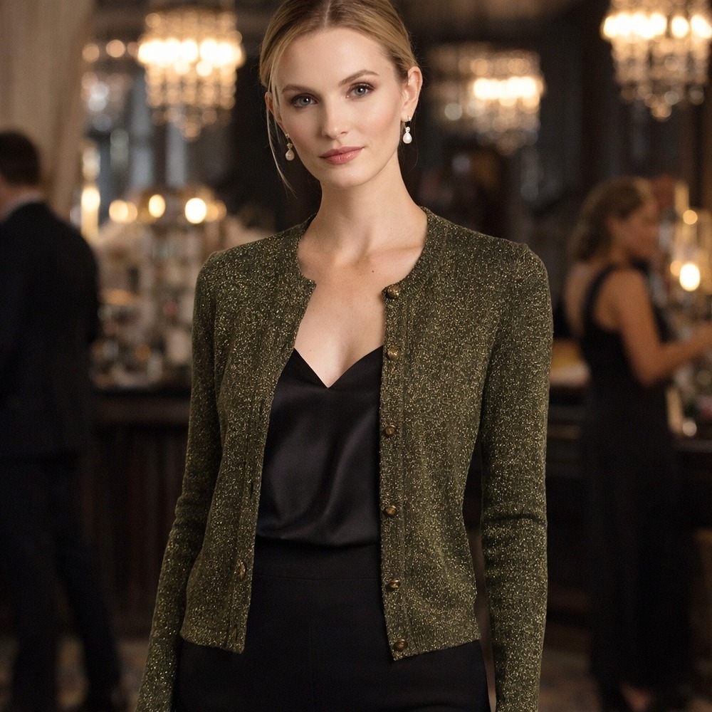 Luca Luca Cardigan Sweater Metallic Lurex Wool Olive Gold Button Italy Women's S